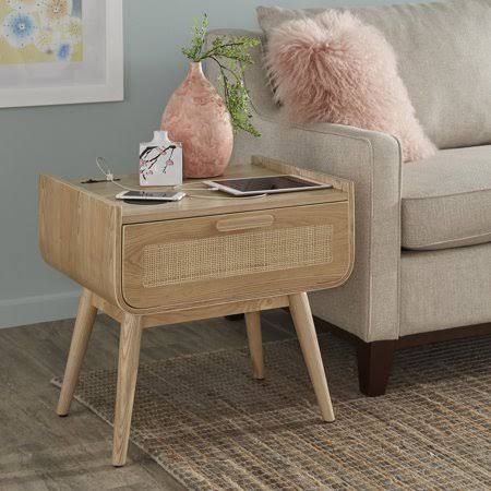 Natural Finish 1 Drawer Wicker End Table with Wireless Charger B786
