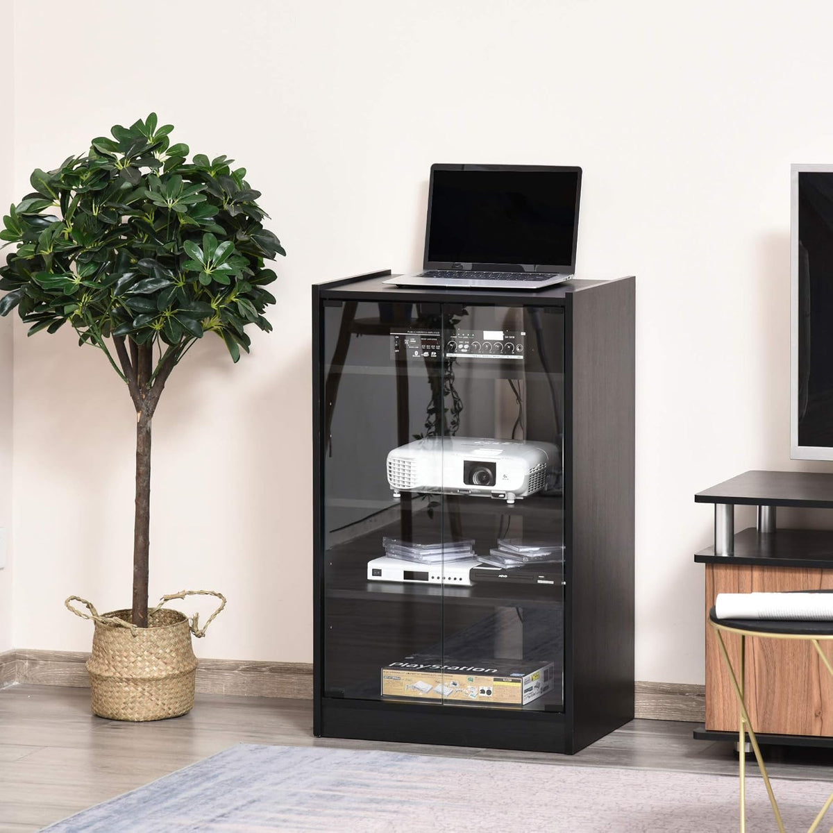 Black 5-Tier Media Stand Cabinet with Tempered Glass Doors A38033