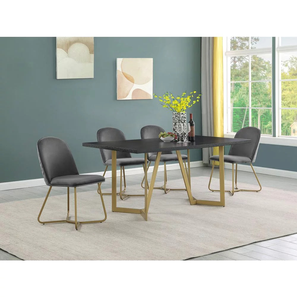 5pc Black Wood Dining Table with 4 Dark Grey Velvet Chairs V381