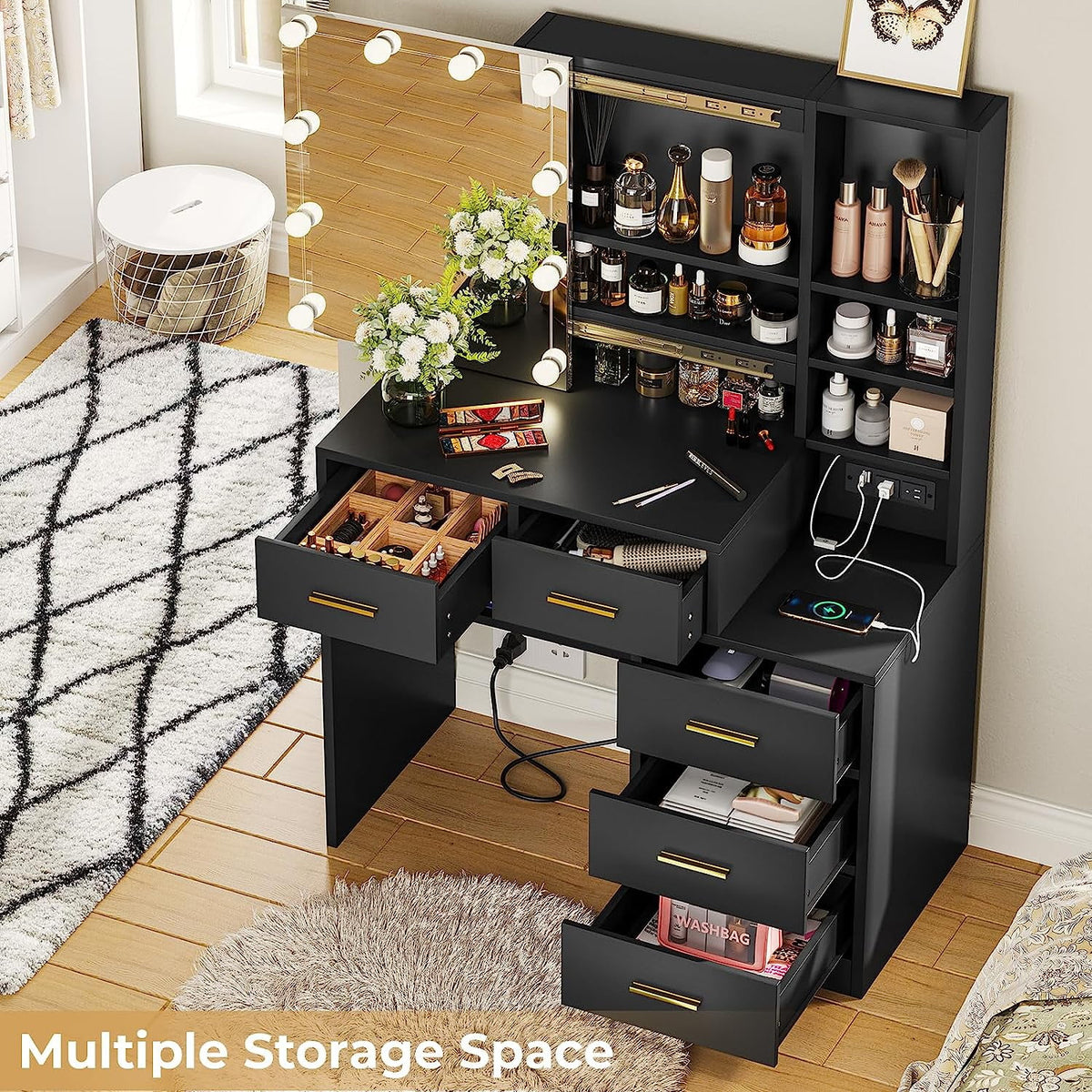 Black Vanity Table with Sliding Mirror and LED Lights J56592