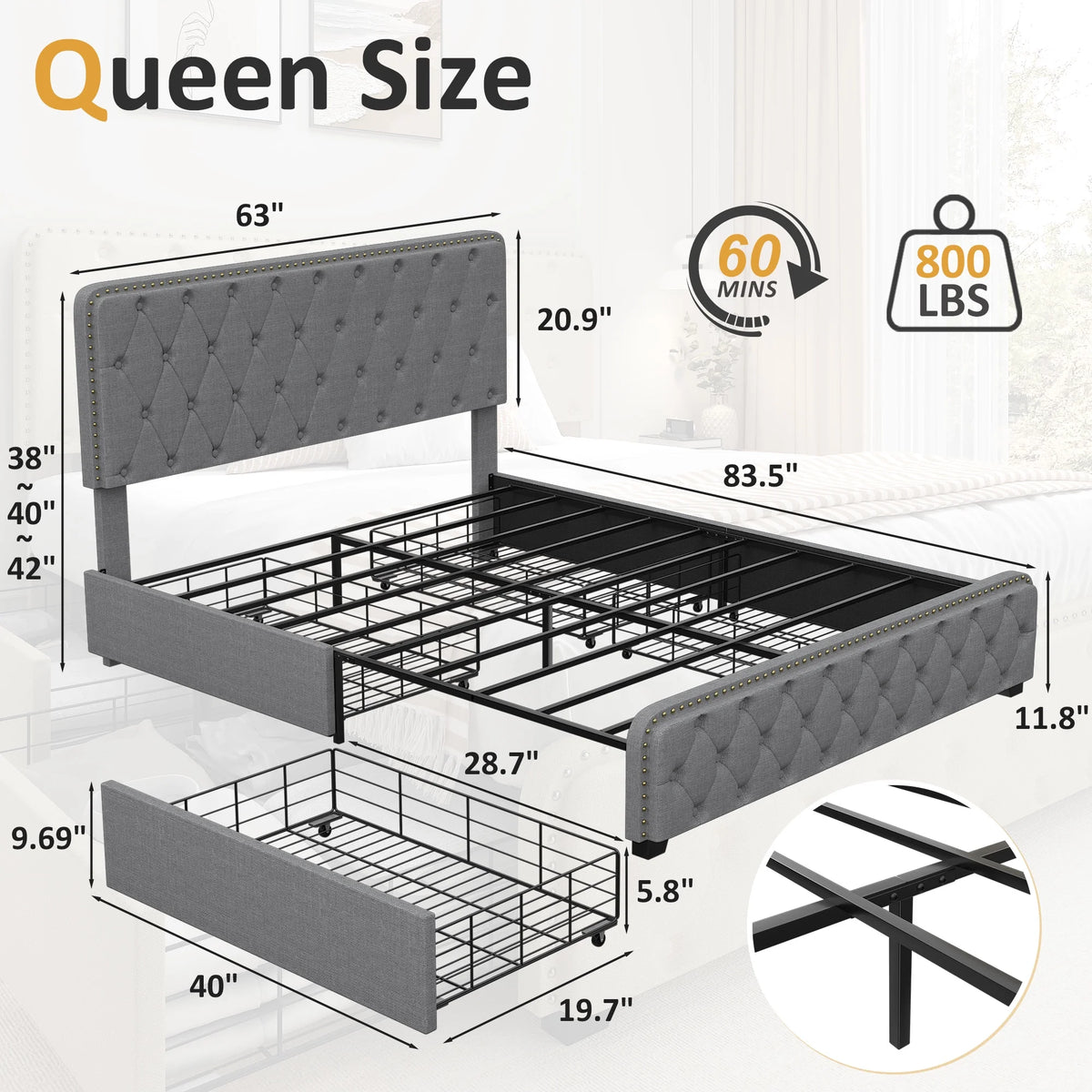 Queen Size Platform Bed Frame with 4 Storage Drawers and Upholstered Headboard D53900