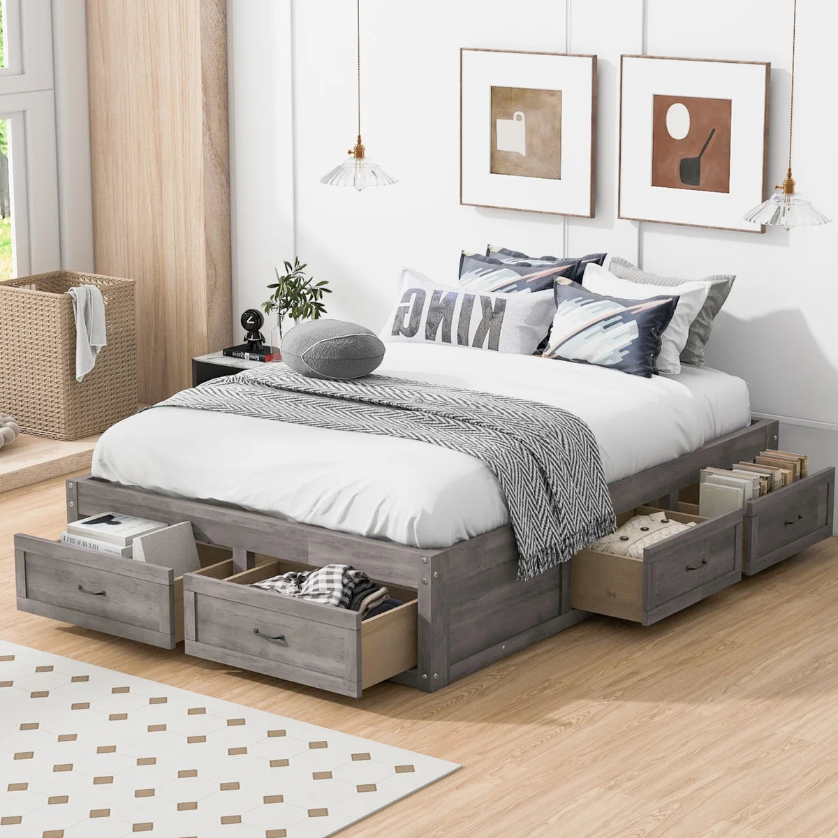Full Size Wood Captain Bed with 6 Storage Drawers O175
