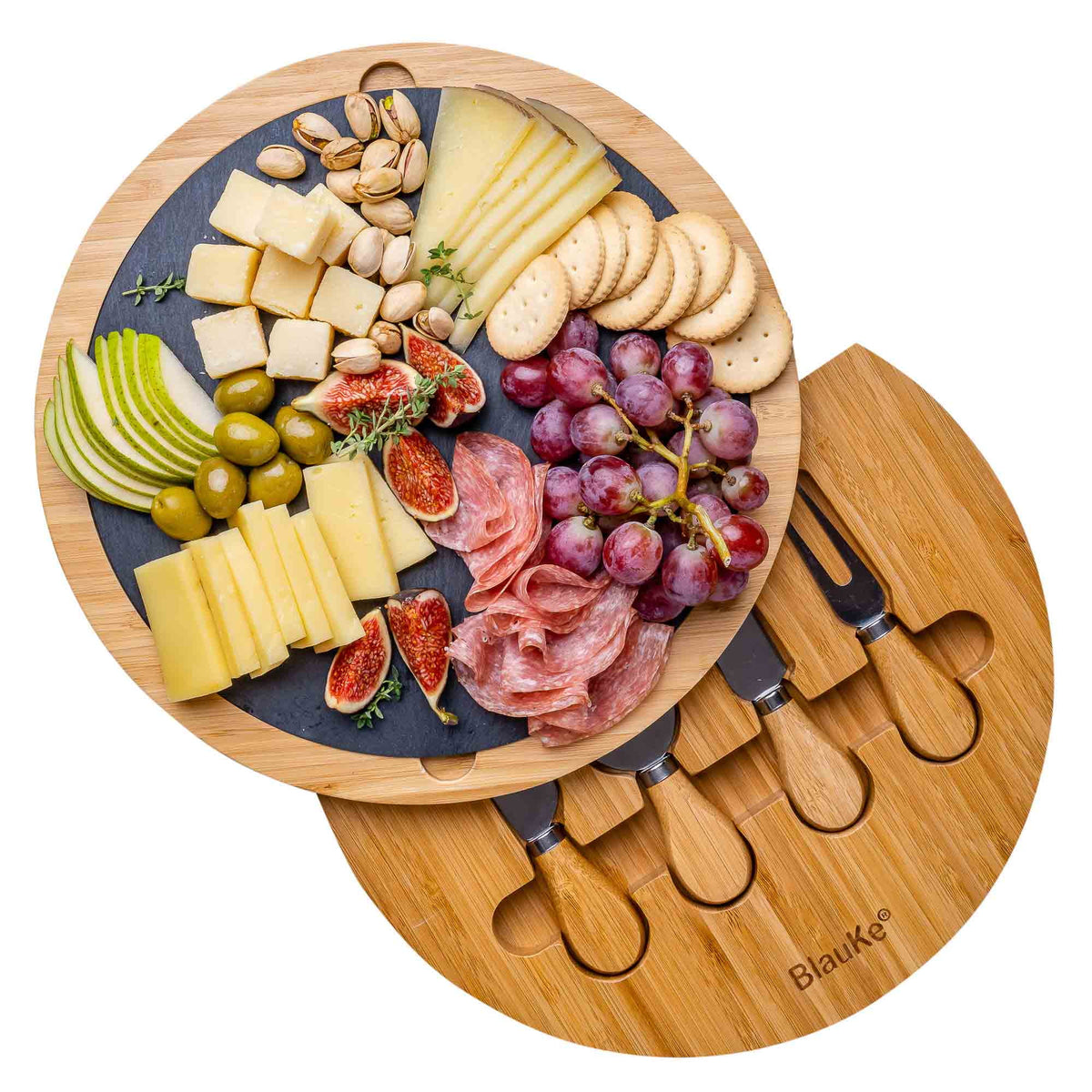 Bamboo Cheese Board with Knife Set and Slate C827