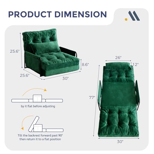 Green Velvet Convertible Floor Sofa Bed with 2 Pillows M5366