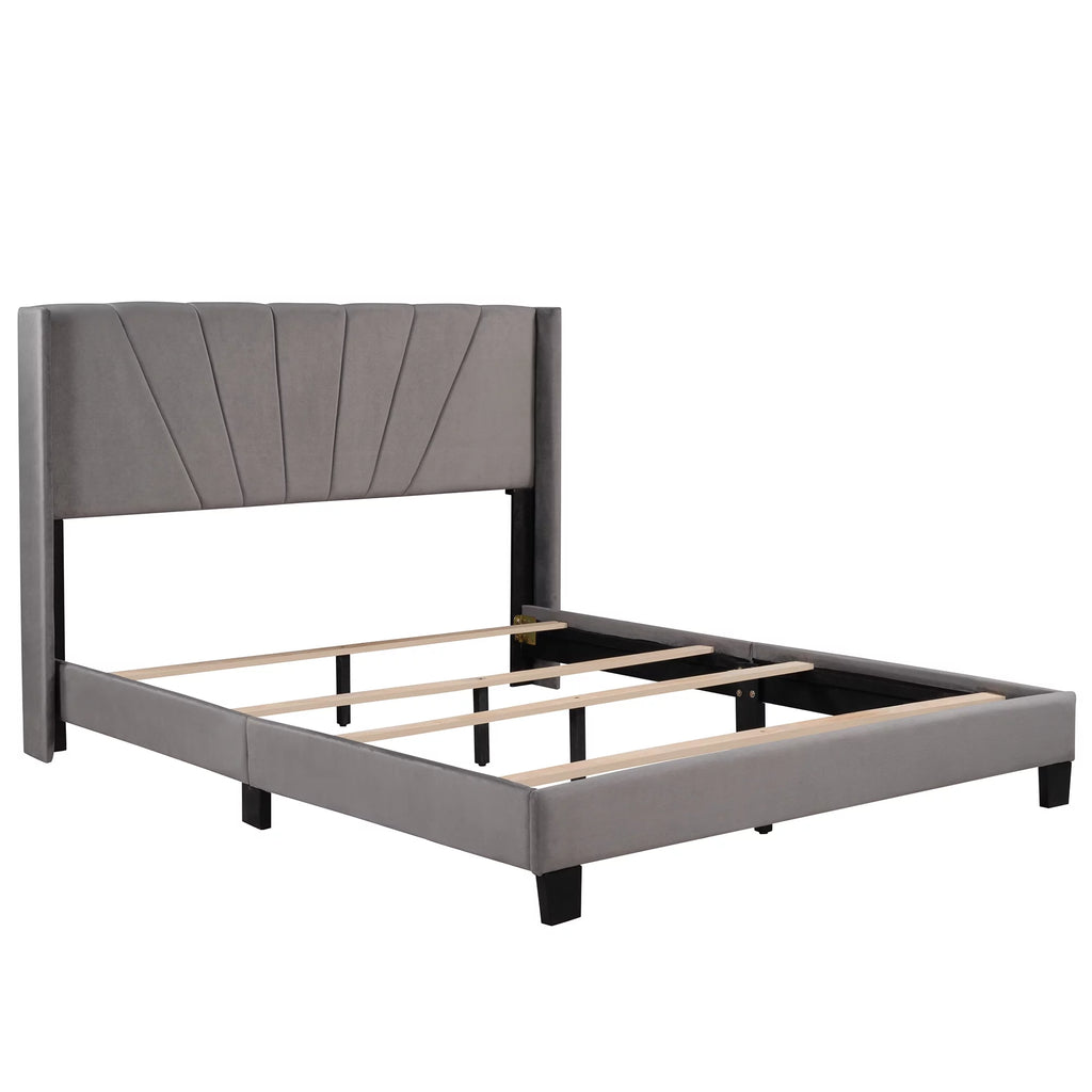 Queen Velvet Upholstered Platform Bed Frame with Headboard T1754