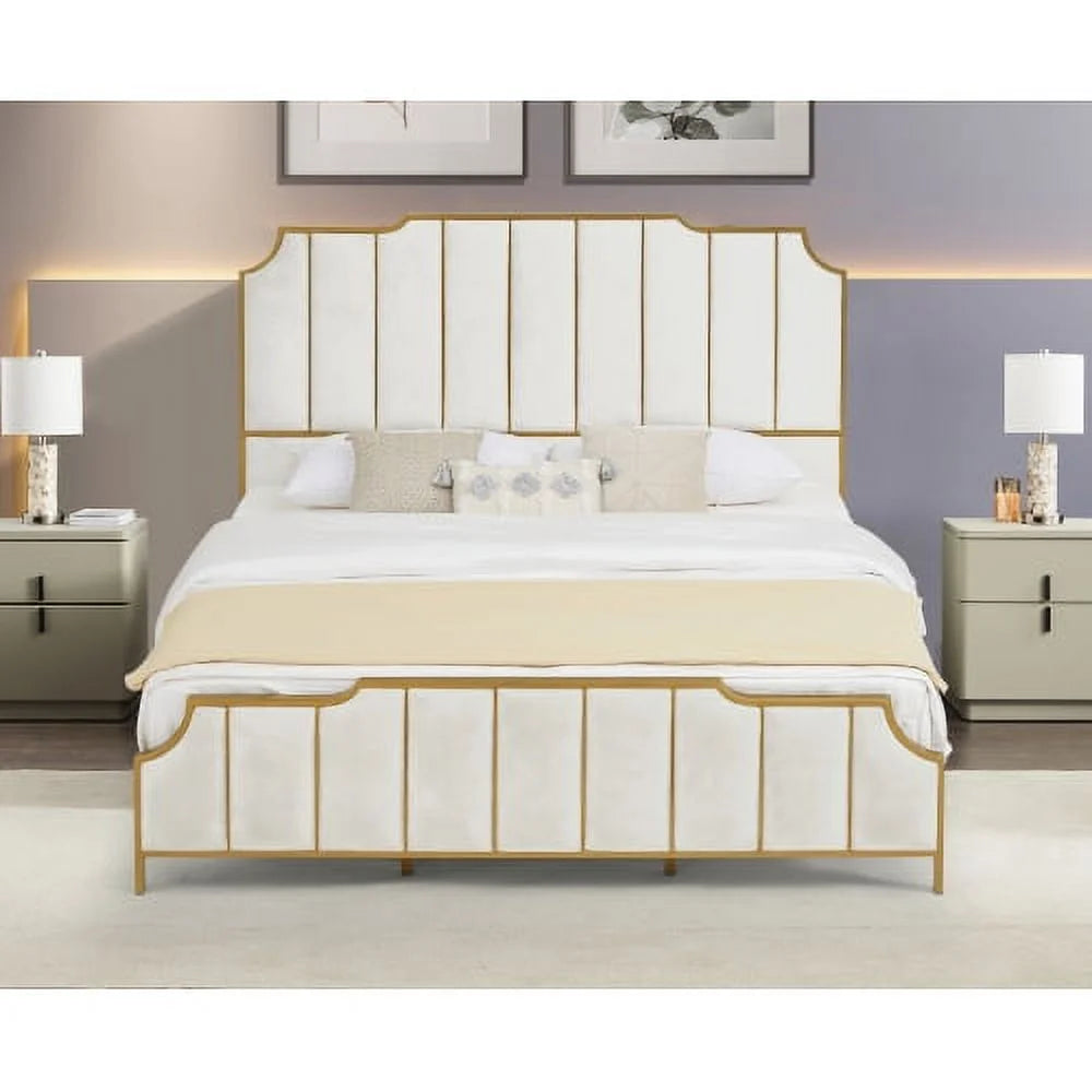 King Size Velvet White Upholstered Platform Bed Frame S8298