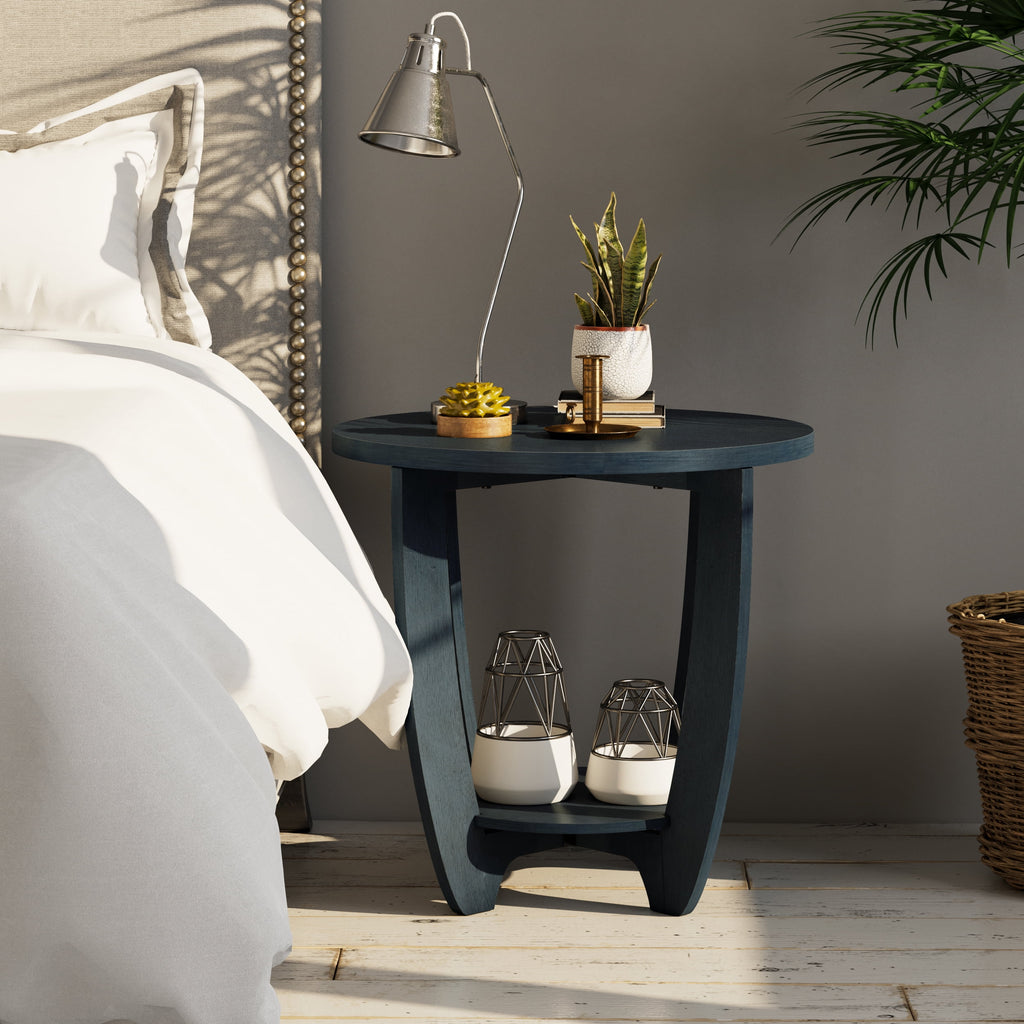 Rustic Round End Table with Storage Shelf F9964