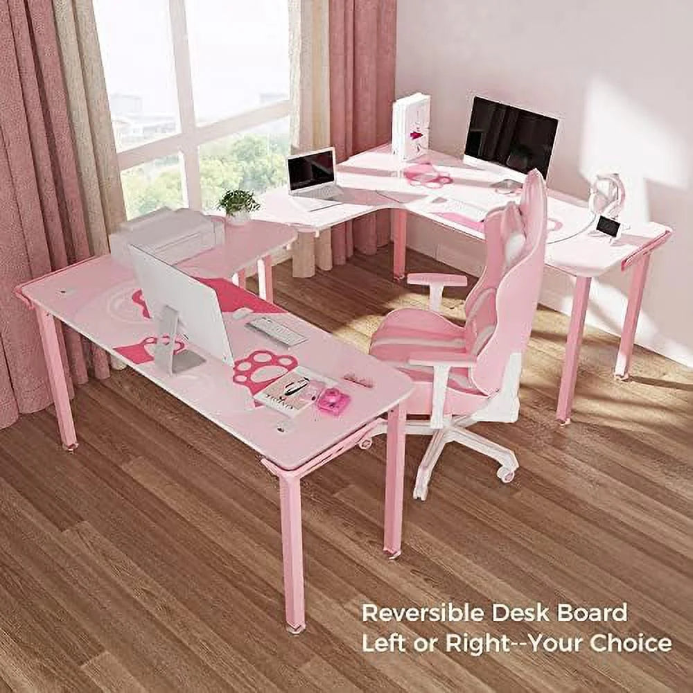 61 Inch L Shaped Pink Gaming Desk with Mousepad C29164