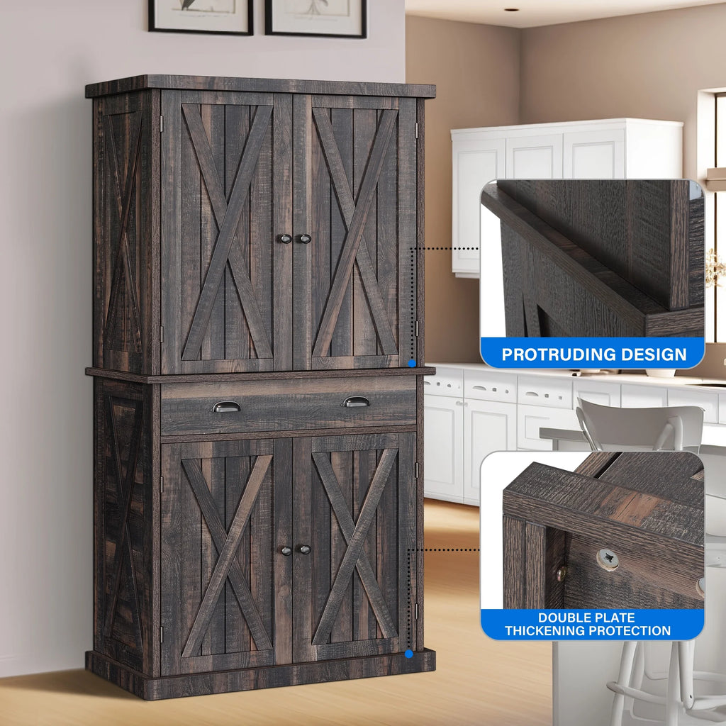 72" 4 Door 6-Tier Rustic Oak Kitchen Pantry Storage Cabinet T60680