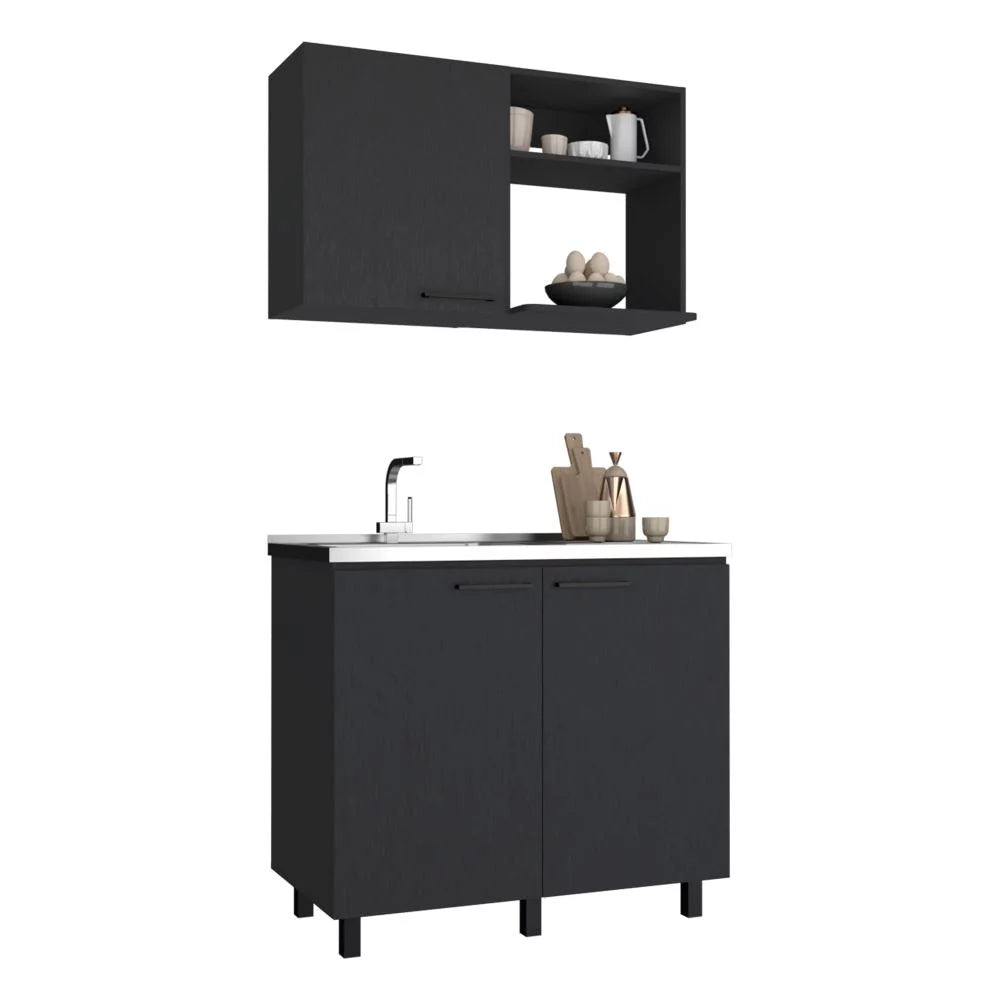2 Piece Kitchen Set, Wall Cabinet + Utility Sink, Black Wengue Finish U37580