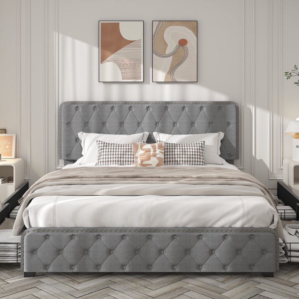 Queen Size Platform Bed Frame with 4 Storage Drawers and Upholstered Headboard D53900