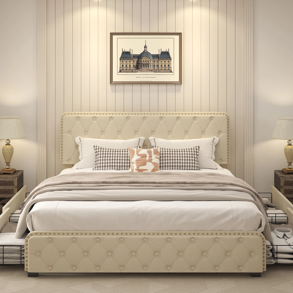 Queen Size Platform Bed Frame with 4 Storage Drawers and Upholstered Headboard D53900