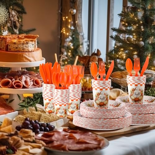350 Pcs Fall Paper Plates Napkins Cups Disposable Tableware Set M66209