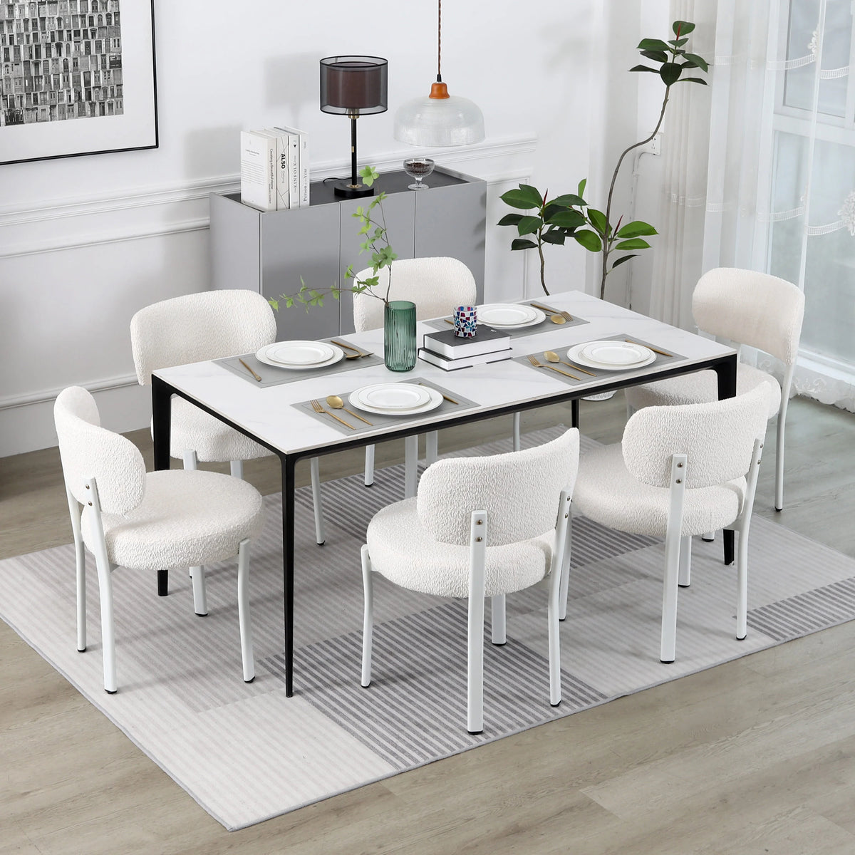 White Set of 6 Upholstered Boucle Dining Chairs V5581