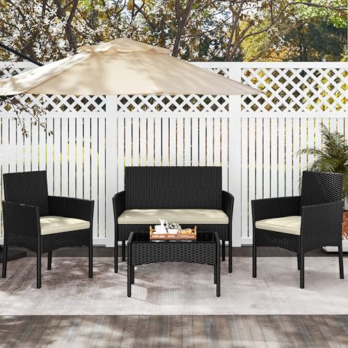 4 Pieces Rattan Wicker Patio Furniture Set with Cushion and Glass Table Y960979