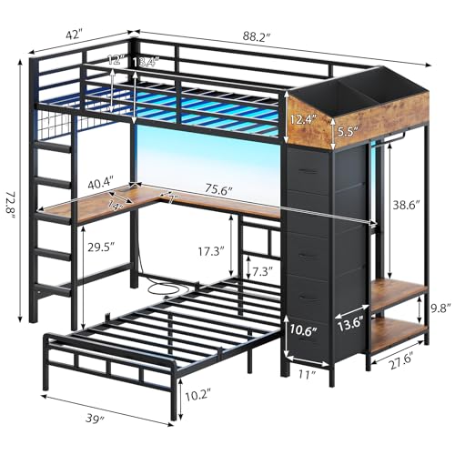 Twin Over Twin L-Shaped Bunk Bed with Desk, 5 Storage Drawers, Guardrail & Stairs, Black D382952