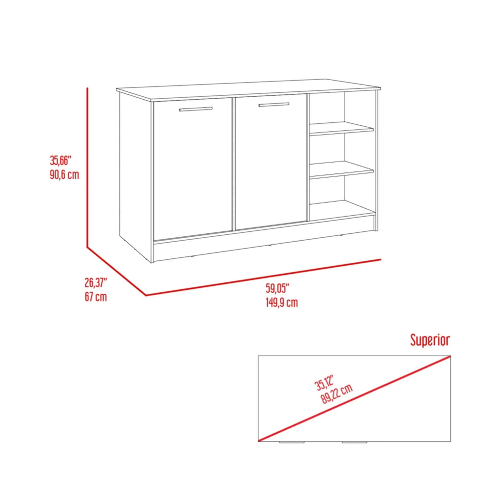White Dark Brown Kitchen Island with Two Cabinets and Three Open Shelves H42784