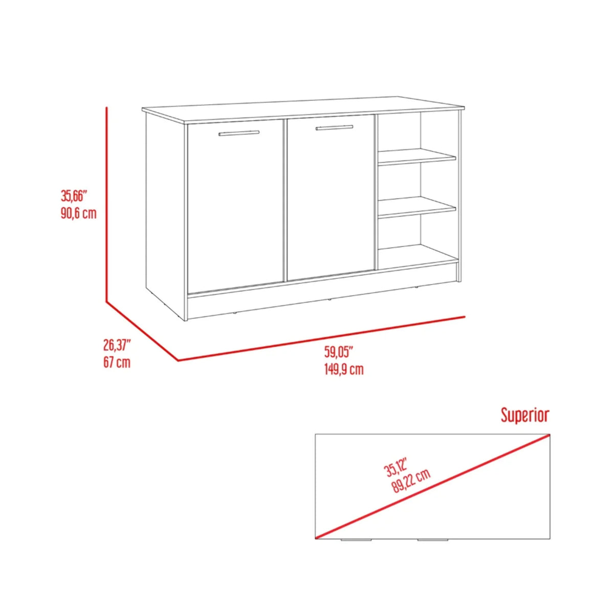 White Dark Brown Kitchen Island with Two Cabinets and Three Open Shelves H42784