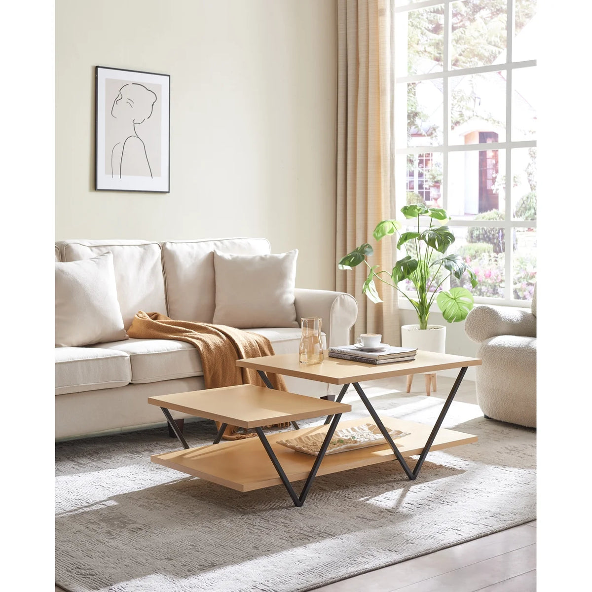 48 Inch 2 Tier Coffee Table with Bottom Shelf M8842