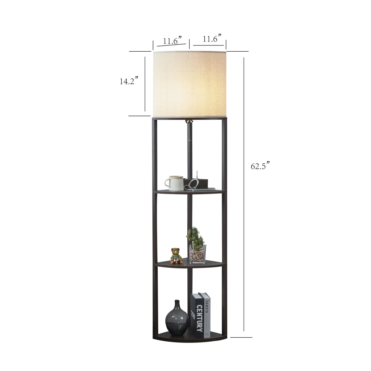 Tall Modern Corner Floor Lamp with Shelves, Natural Wood, 72 P762519