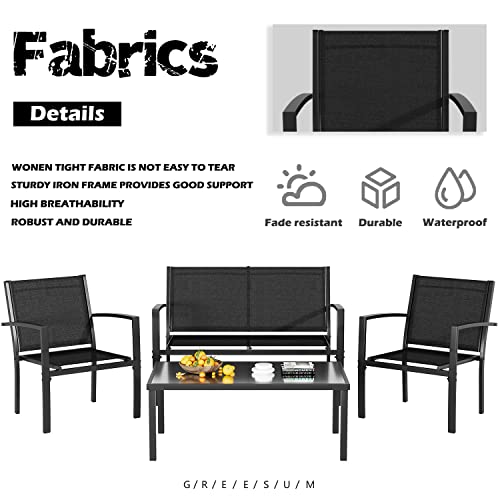 4 Pieces Patio Furniture Set with Glass Coffee Table, Black N521