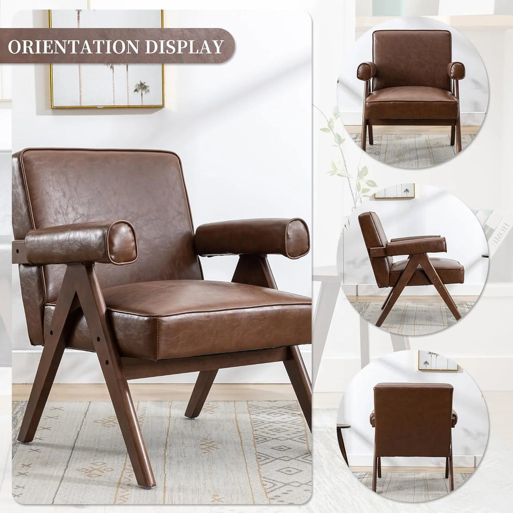 Brown PU Leather Accent Chair with Wood Armrest Z78192