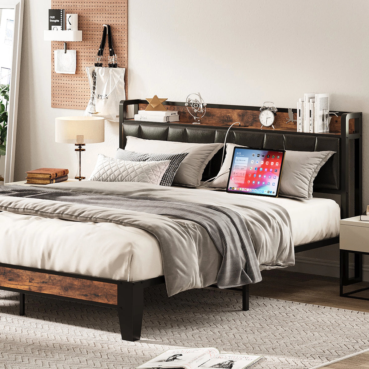 King Metal Bed Frame with Black Storage Headboard L744209