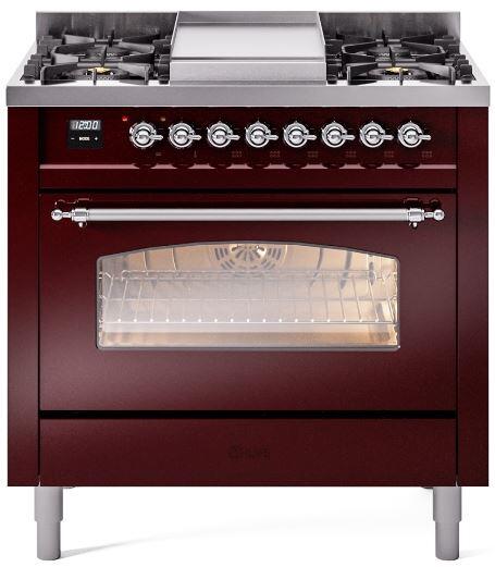 36 Dual Fuel Propane Gas Range in Burgundy with Chrome Trim A9458