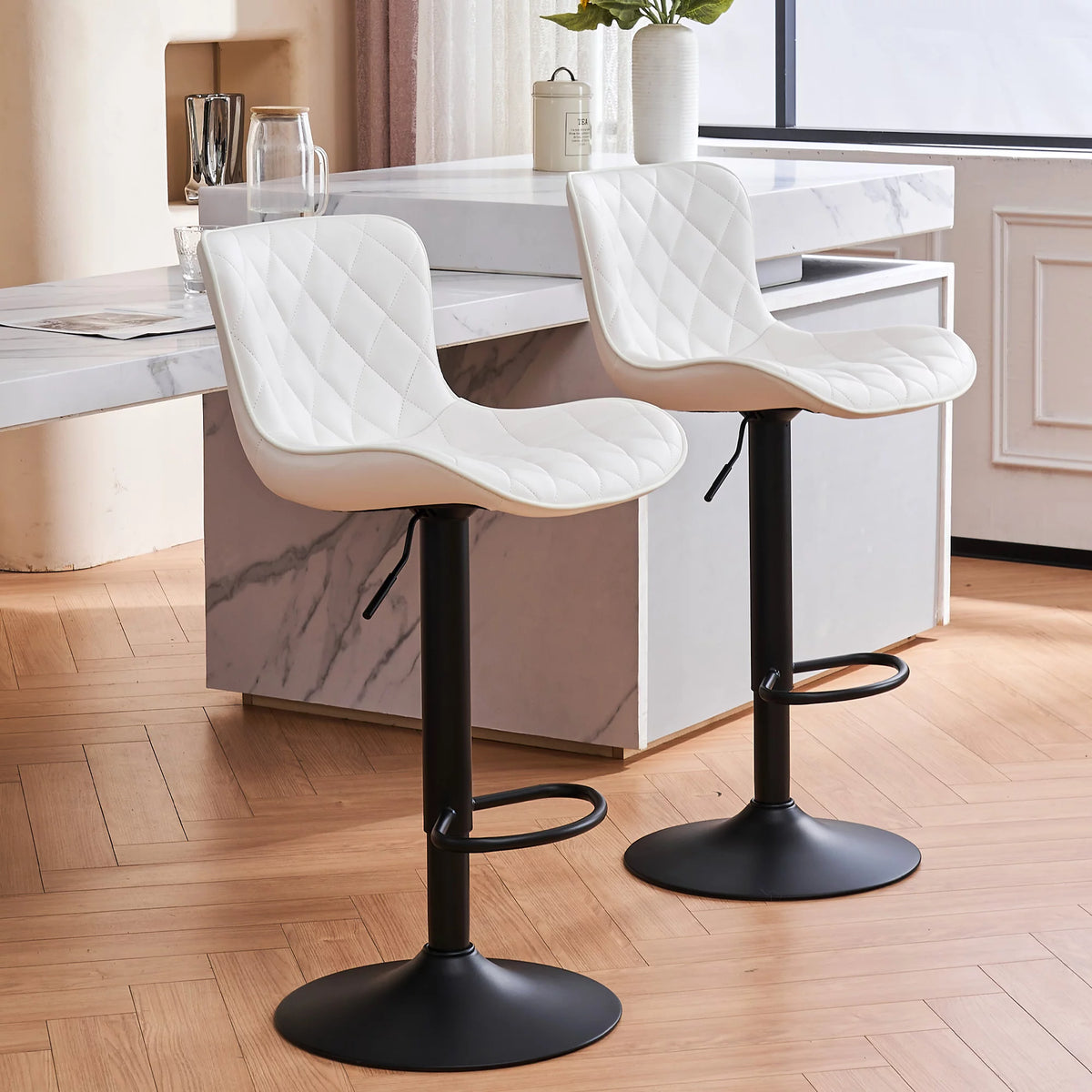 Adjustable White PU Leather Bar Stools Set of 2 F6051