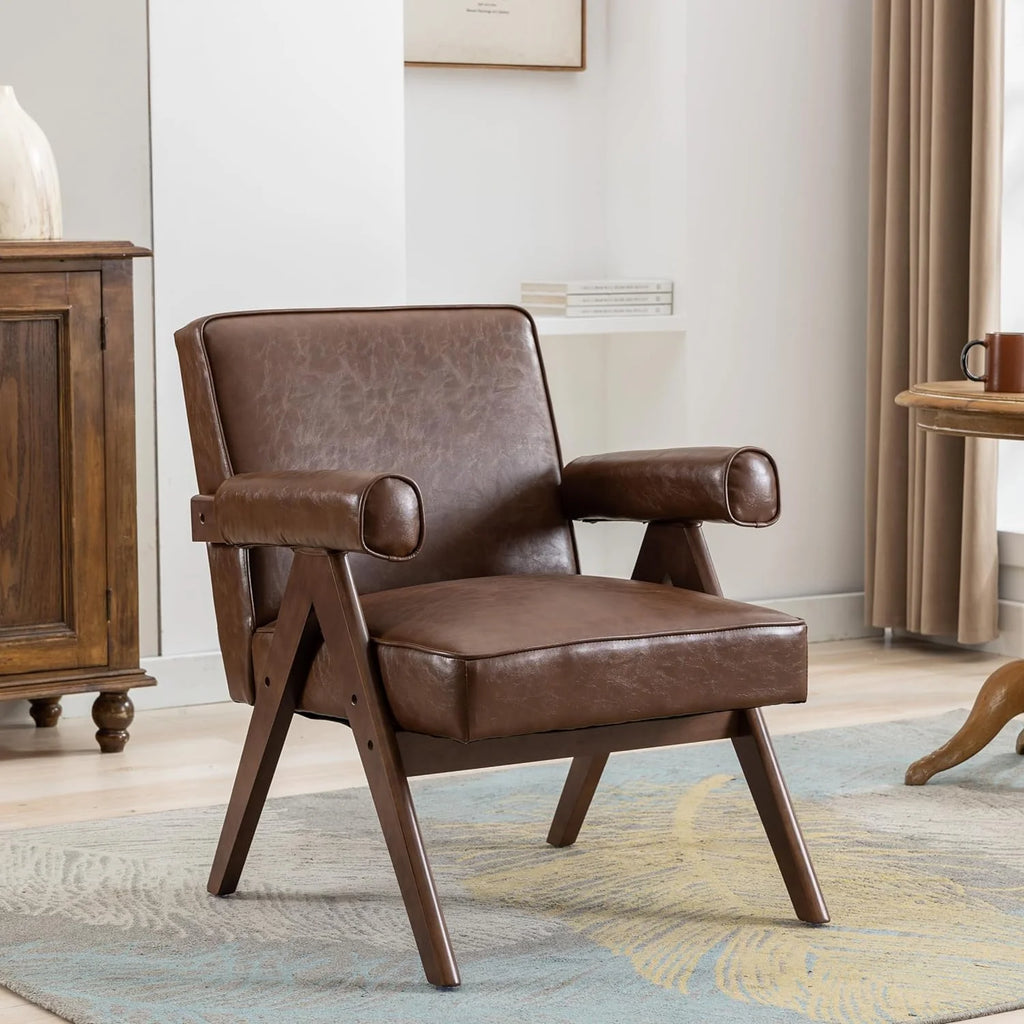 Brown PU Leather Accent Chair with Wood Armrest Z78192