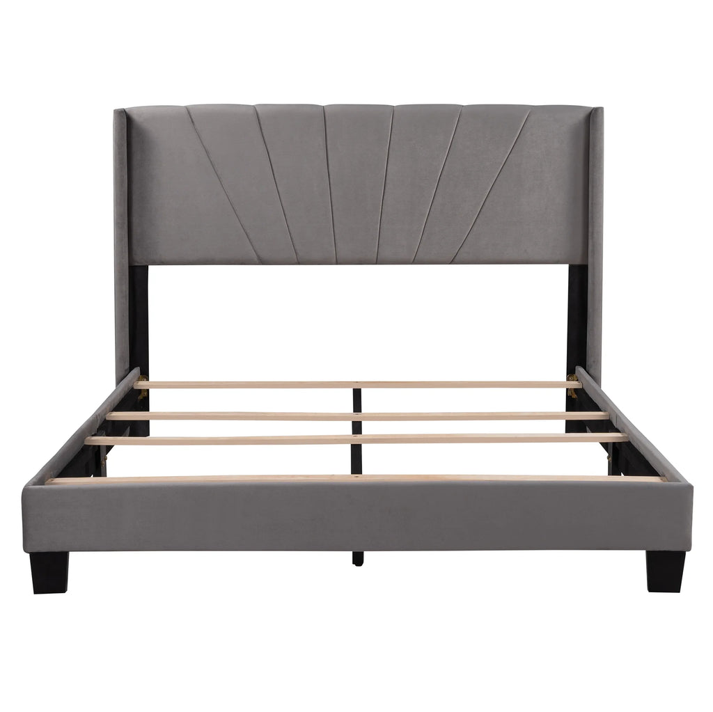 Queen Velvet Upholstered Platform Bed Frame with Headboard T1754