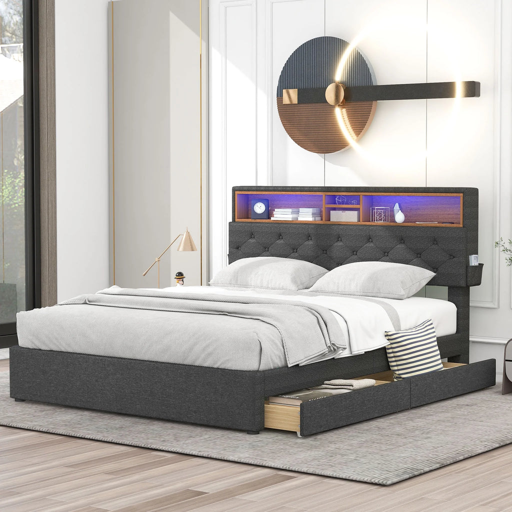 Upholstered Full Platform Bed with Shelf and 2 Drawers T9298