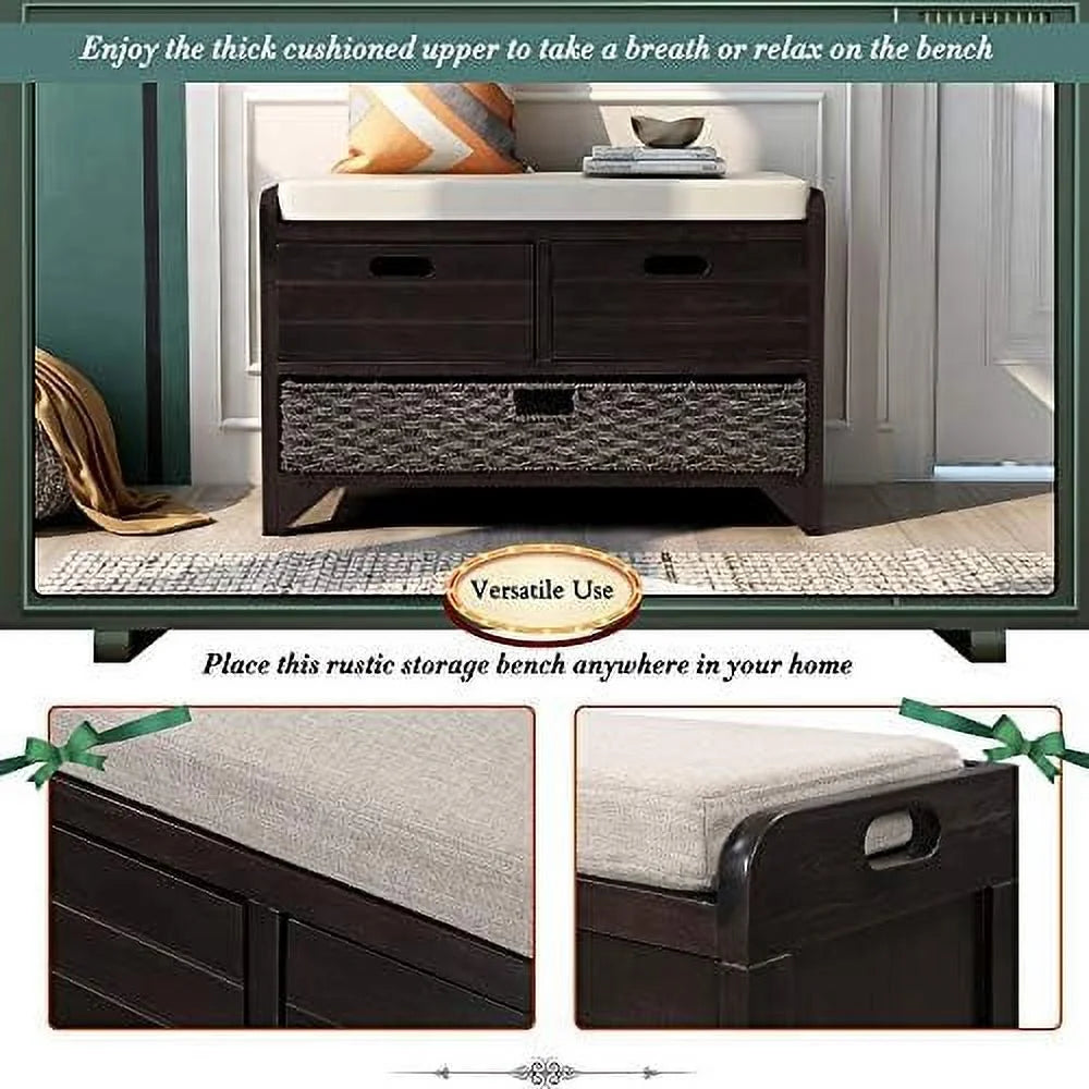 Black 3 Drawer 3 Basket Wooden Ottoman Bench O43612