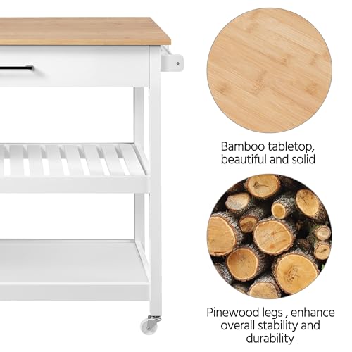 White 3-Tier Rolling Kitchen Island Cart with Bamboo Tabletop X906264