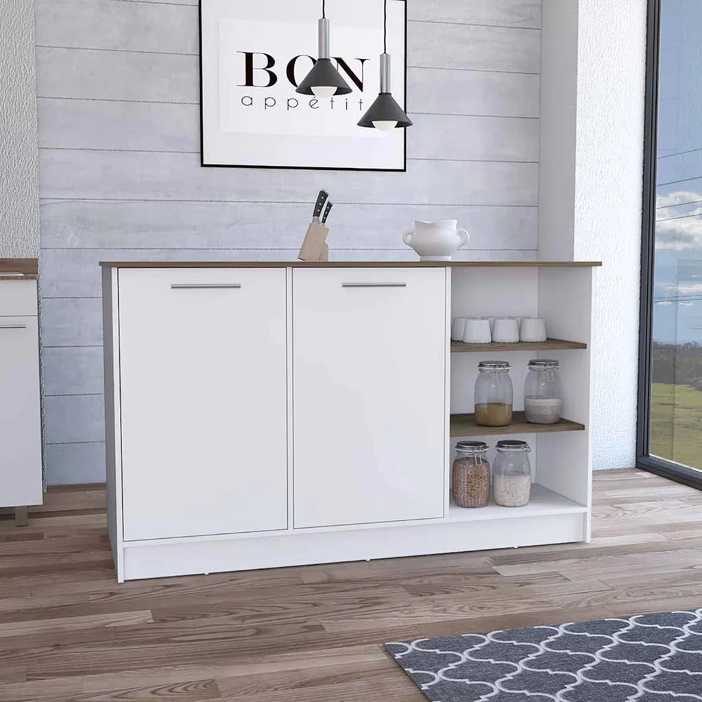 White Dark Brown Kitchen Island with Two Cabinets and Three Open Shelves H42784