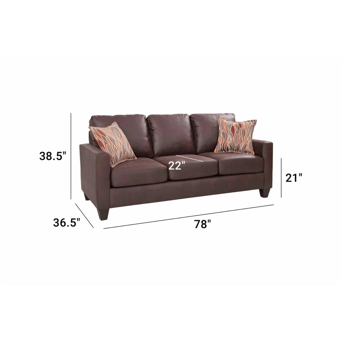 Pinto Brown Faux Leather Square Arm Sofa with Two Accent Pillows S22343