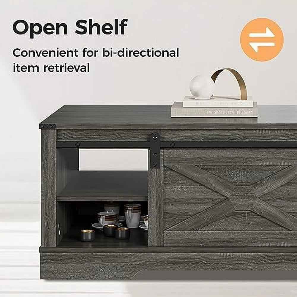 Dark Grey 48'' Rustic Coffee Table with Sliding Barn Door S7289