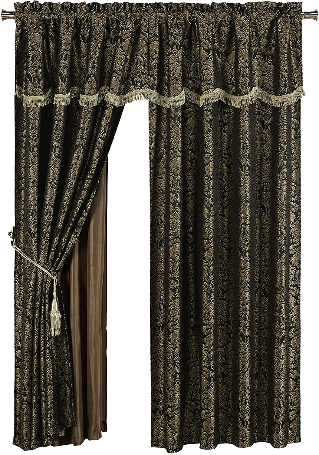 Black Gold Floral Jacquard 4-Piece Curtain Set T7595