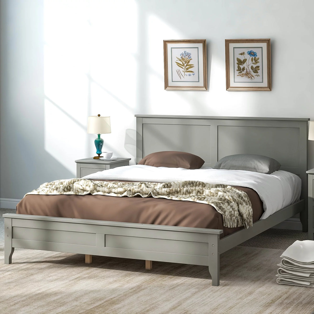 Queen Size Pine Platform Bed Frame with Headboard F639