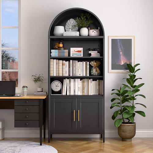 73 in Tall Black 5-Tier Metal Arched Bookcase with Doors A2238
