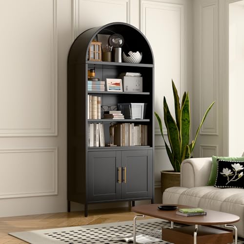 73 in Tall Black 5-Tier Metal Arched Bookcase with Doors A2238