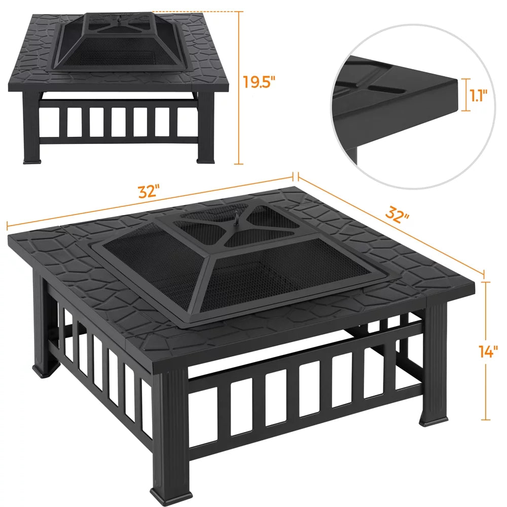 32'' Black Metal Square Fire Pit with Cover U2898