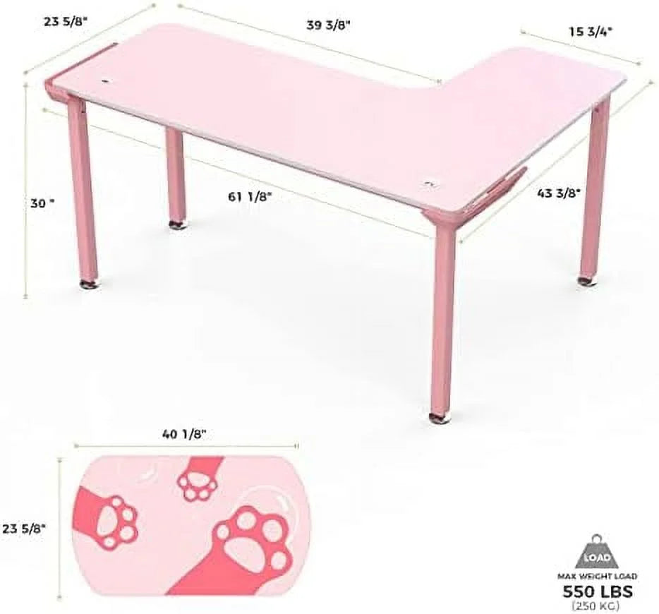 61 Inch L Shaped Pink Gaming Desk with Mousepad C29164