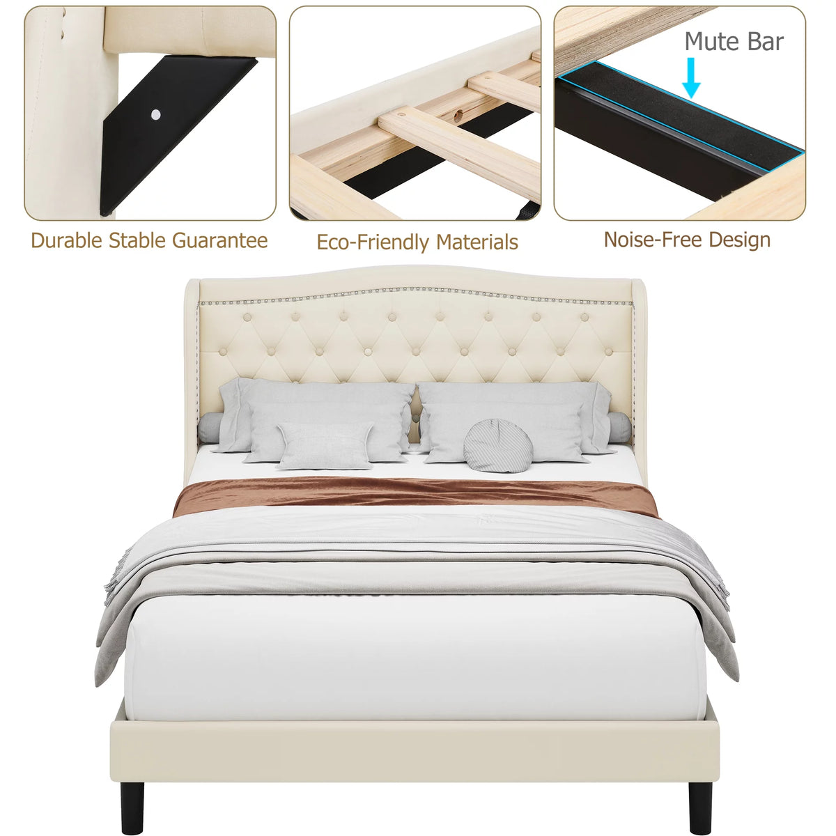 King Bed Frame with Wing-Back Button Tufted Upholstered Headboard V61355