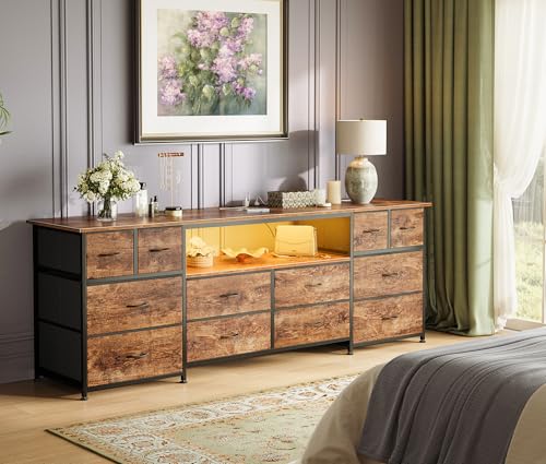 63 Inch 12 Drawer Dresser TV Stand with LED Lights and Power Outlets N8566