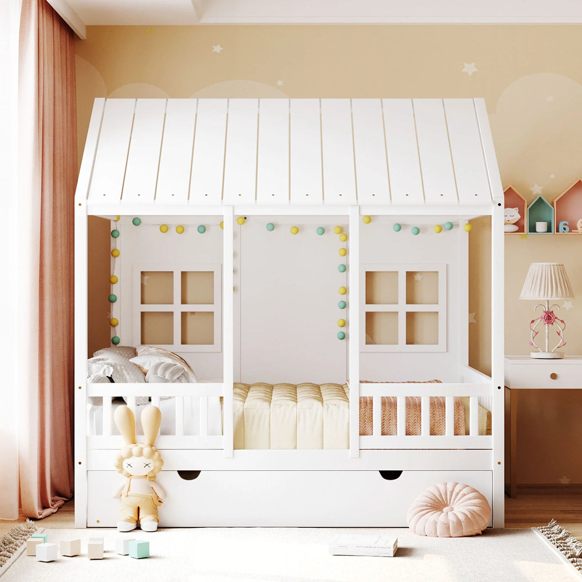Full Size Wood House Bed with Twin Size Trundle C614