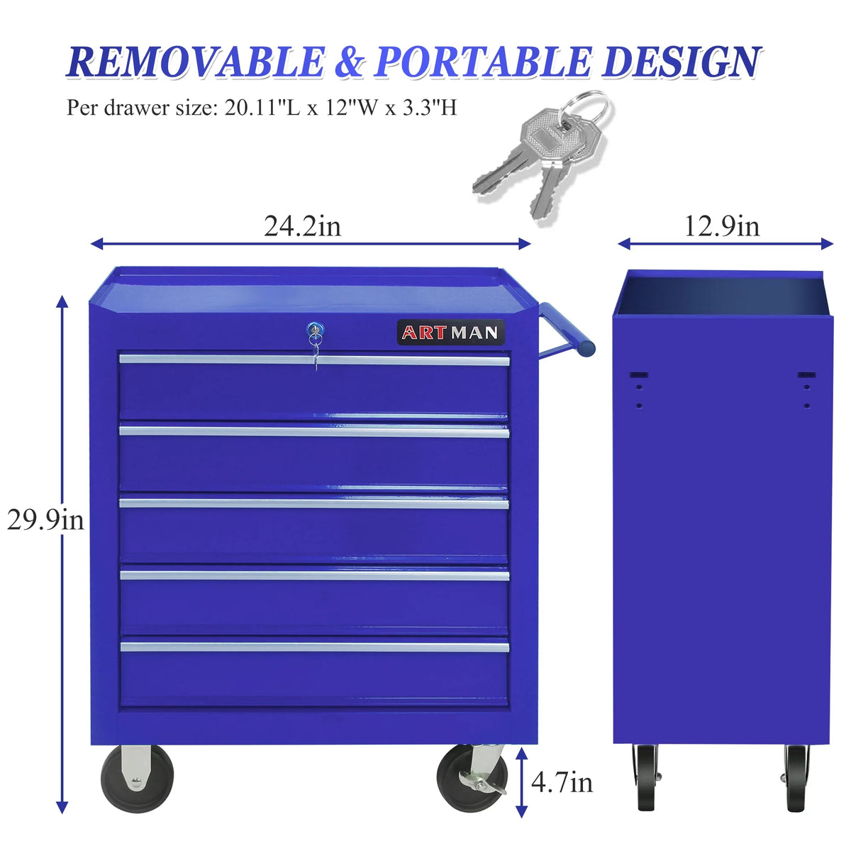 Rolling Tool Chest with 8 Drawers, Red Lockable Storage Cabinet O374