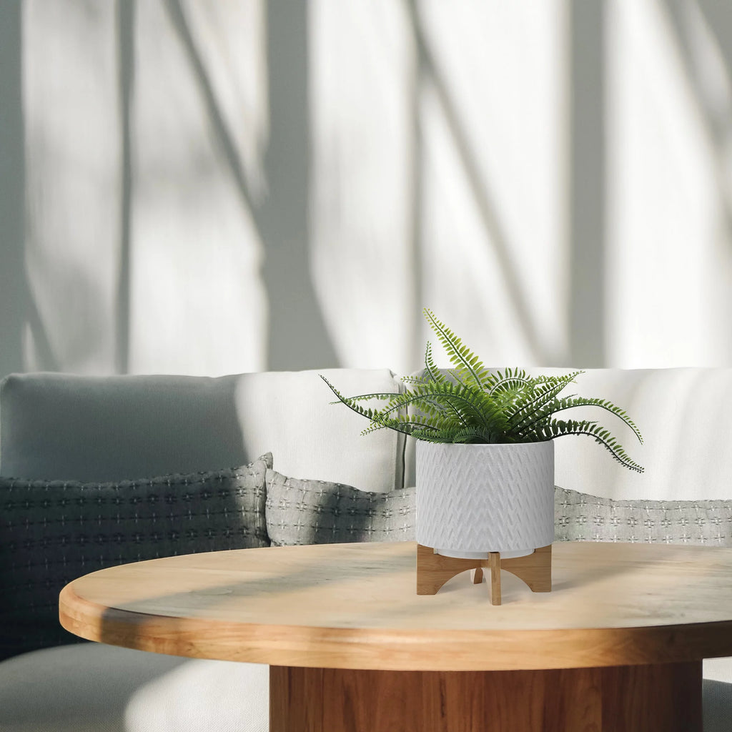 White Ceramic Chevron Planter With Stand G495110