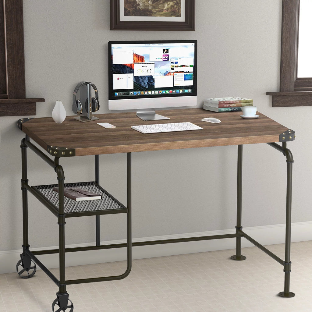 Industrial Metal Writing Desk with Wooden Top G472388
