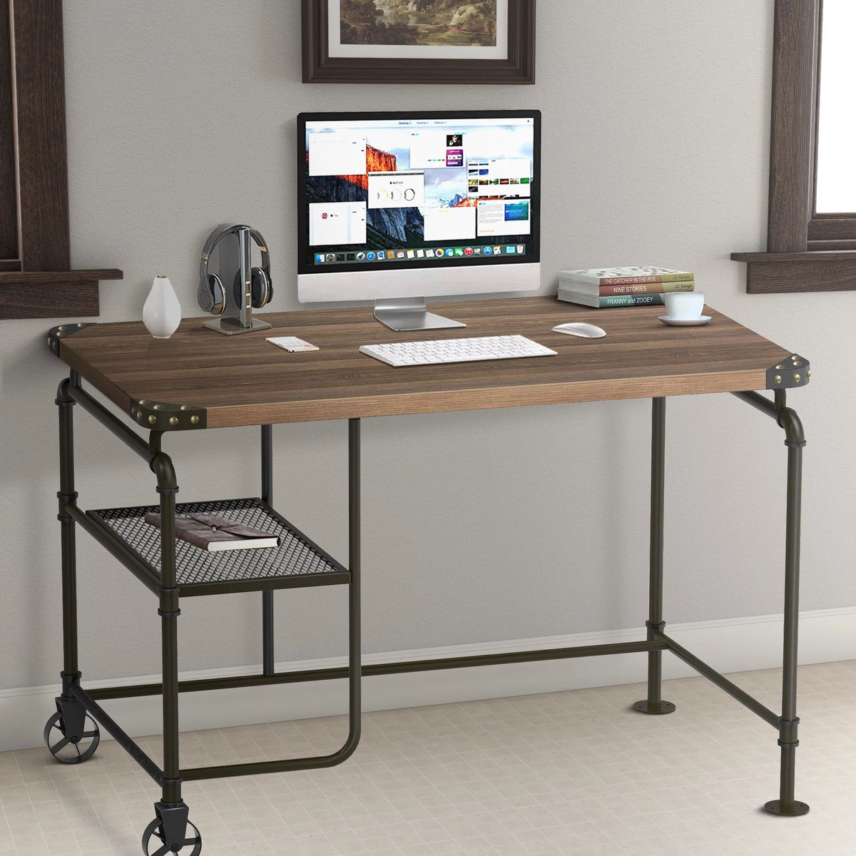 Industrial Metal Writing Desk with Wooden Top G472388